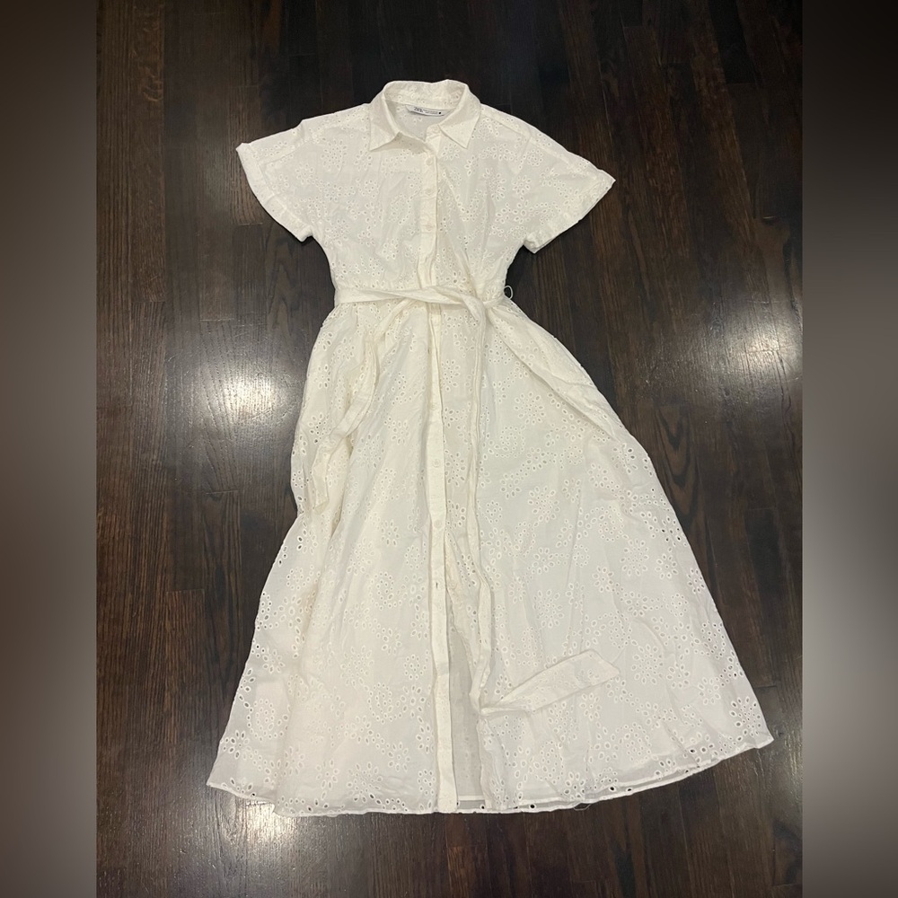 Zara Women’s Dress Eyelet Belted Midi White Dress - Size XS - NEW WITH TAGS